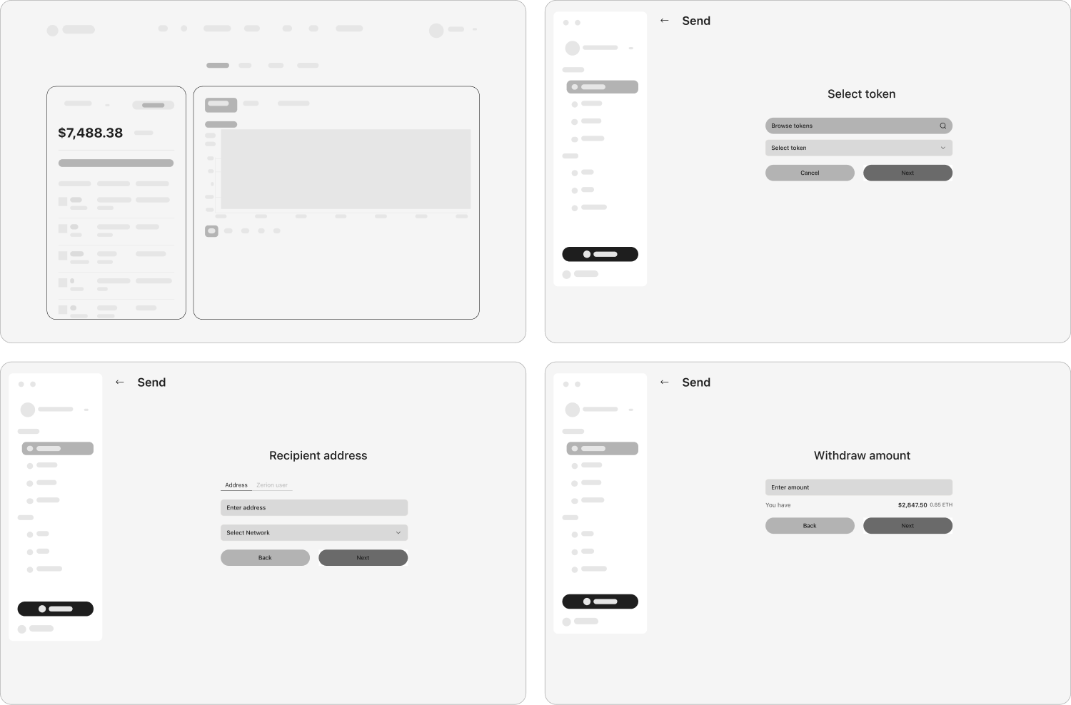 Prototype wireframe screens — dashboard, select token, recipient address, withdraw amount